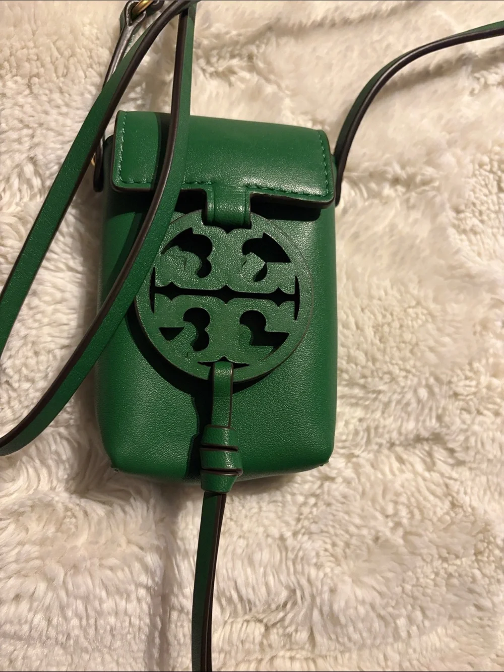 Tory Burch Emerald Green Leather Crossbody Micro Pouch with Logo Cutout